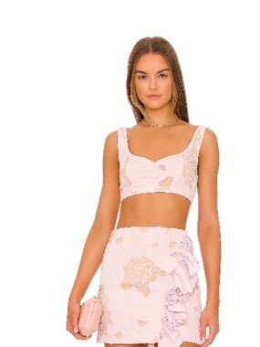 NBD Pink Lace Crop Top and Ruffle Mini Skirt Set